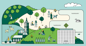 Health and Climate illustration showing green space, communities and blue sky